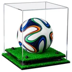 Clear Mini Soccer Ball Display Case With Black Risers And Turf Base (A015-BR). Fixed Price $106.99.