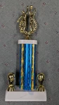 Male Dual Action Basketball Trophy Wide Blue Column Weighed Base Trims. Fixed Price $9.95.