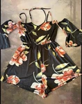 Black Floral Unique Design Romper With Shoulder Straps, Neck Tie And Bell Sleeve. Fixed Price $10.00.