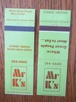 Eugene, Oregon Matchbook Covers: Mr K's Restaurant Empty Matchcovers -d. Fixed Price $6.78.