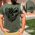 Patriotic Skull T-shirt For And Women With American Flag On Sleeve. Fixed Price $19.99.