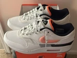 Nike Air Max 1 87 Sports White/ Hyper Crimson/ Black/ Grey. Fixed Price $115.00.