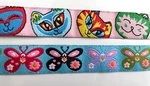 Jacquard Ribbon Light Pink With Fun Smiling Green Blue Cats 5/8" Collar. Fixed Price $11.25.